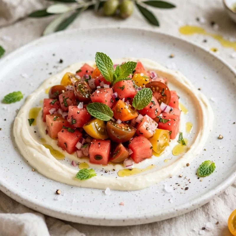 Tartare de melancia e tomate coração-de-boi com creme de queijo de Azeitão e hortelã