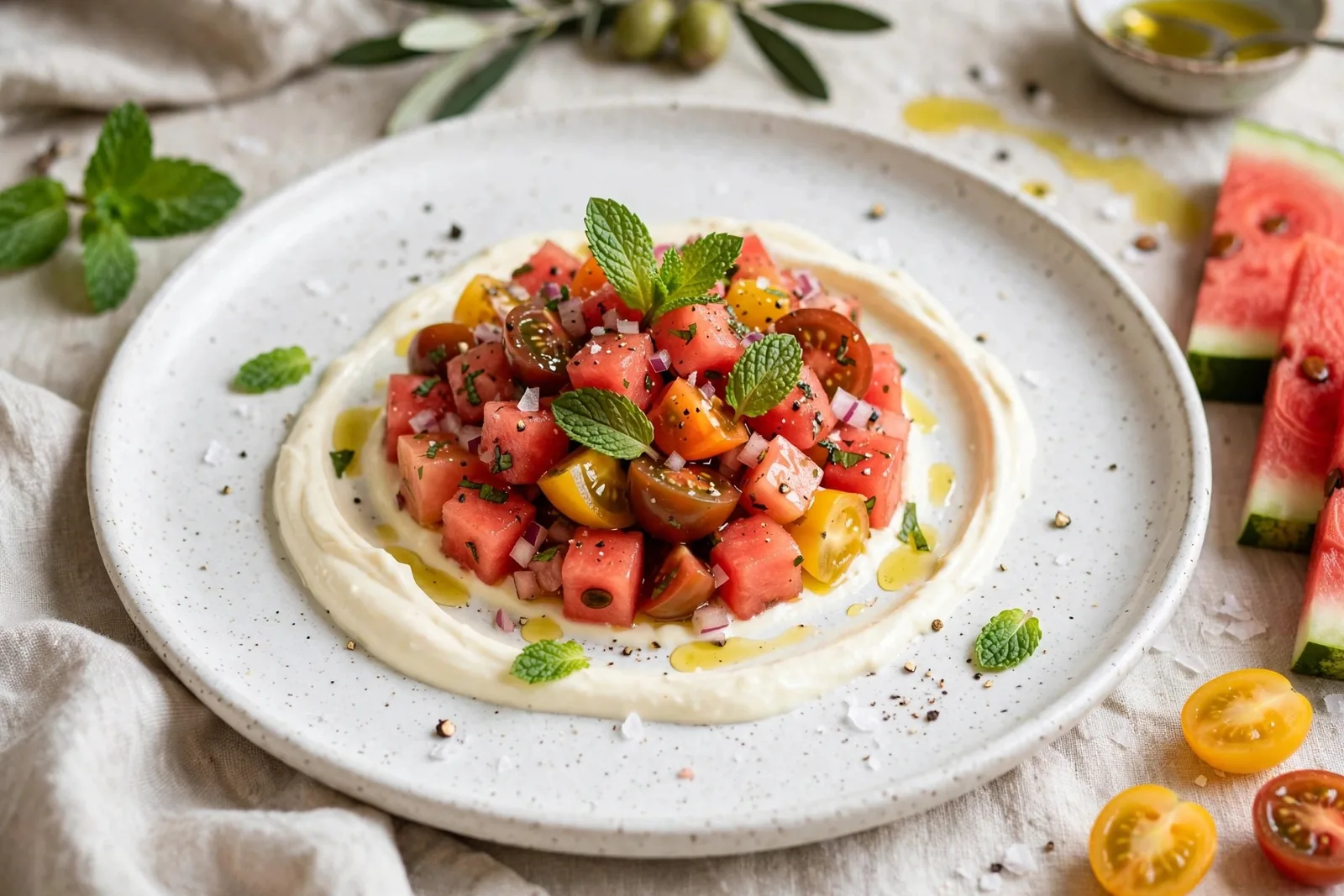 Tartare de melancia e tomate coração-de-boi com creme de queijo de Azeitão e hortelã