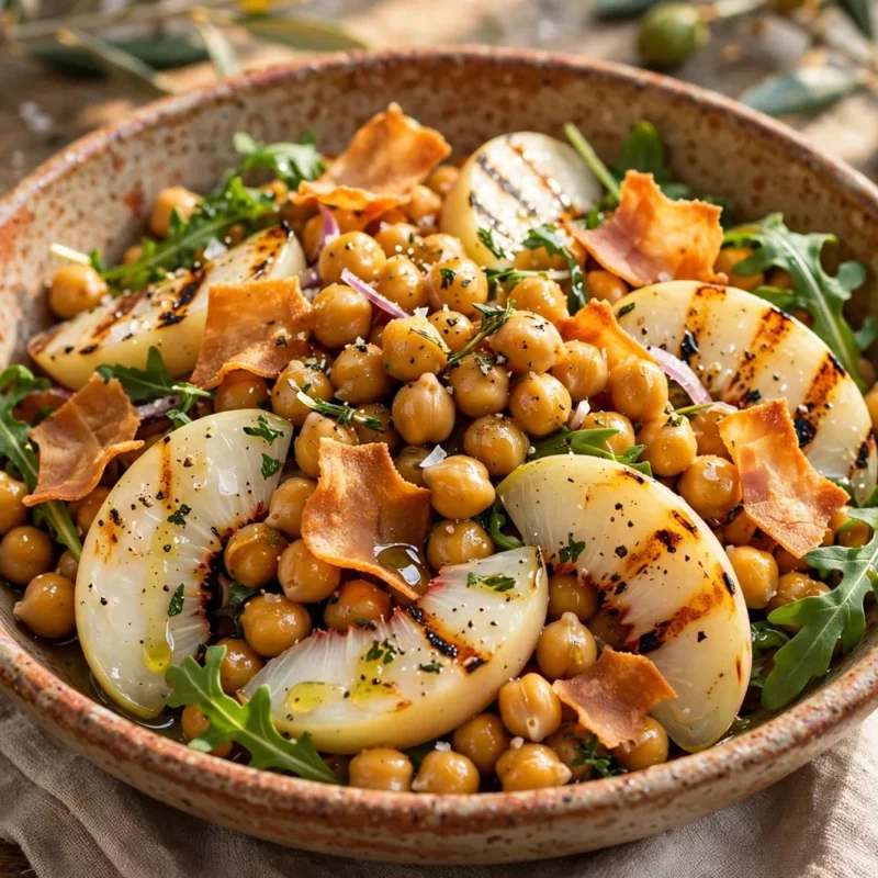 Salada morna de grão, pêssego grelhado e presunto crocante