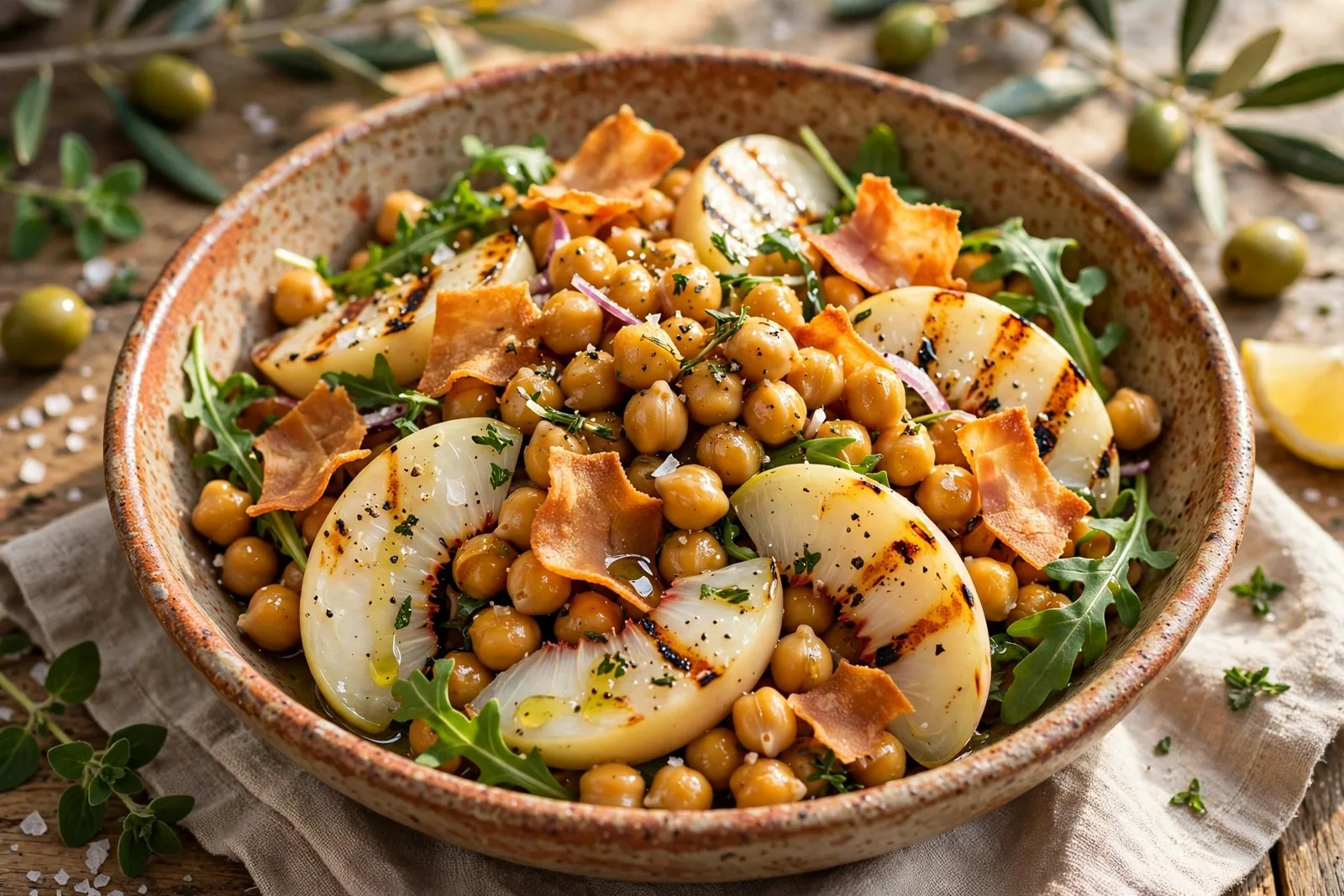 Salada morna de grão, pêssego grelhado e presunto crocante