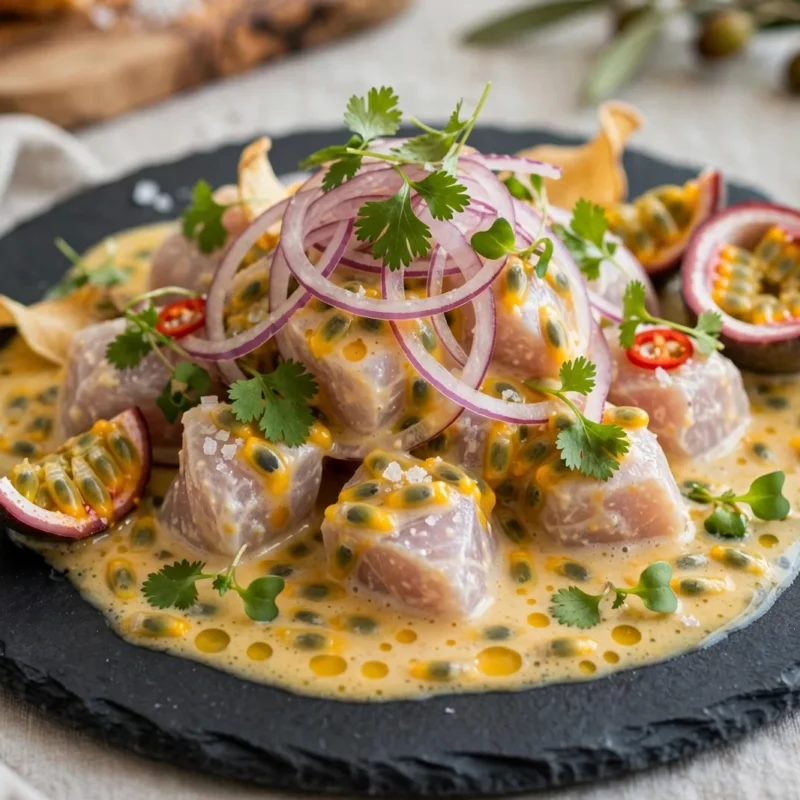 Ceviche de robalo com leite de tigre de maracujá e coentros