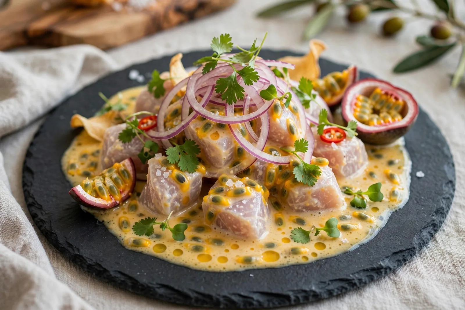 Ceviche de robalo com leite de tigre de maracujá e coentros