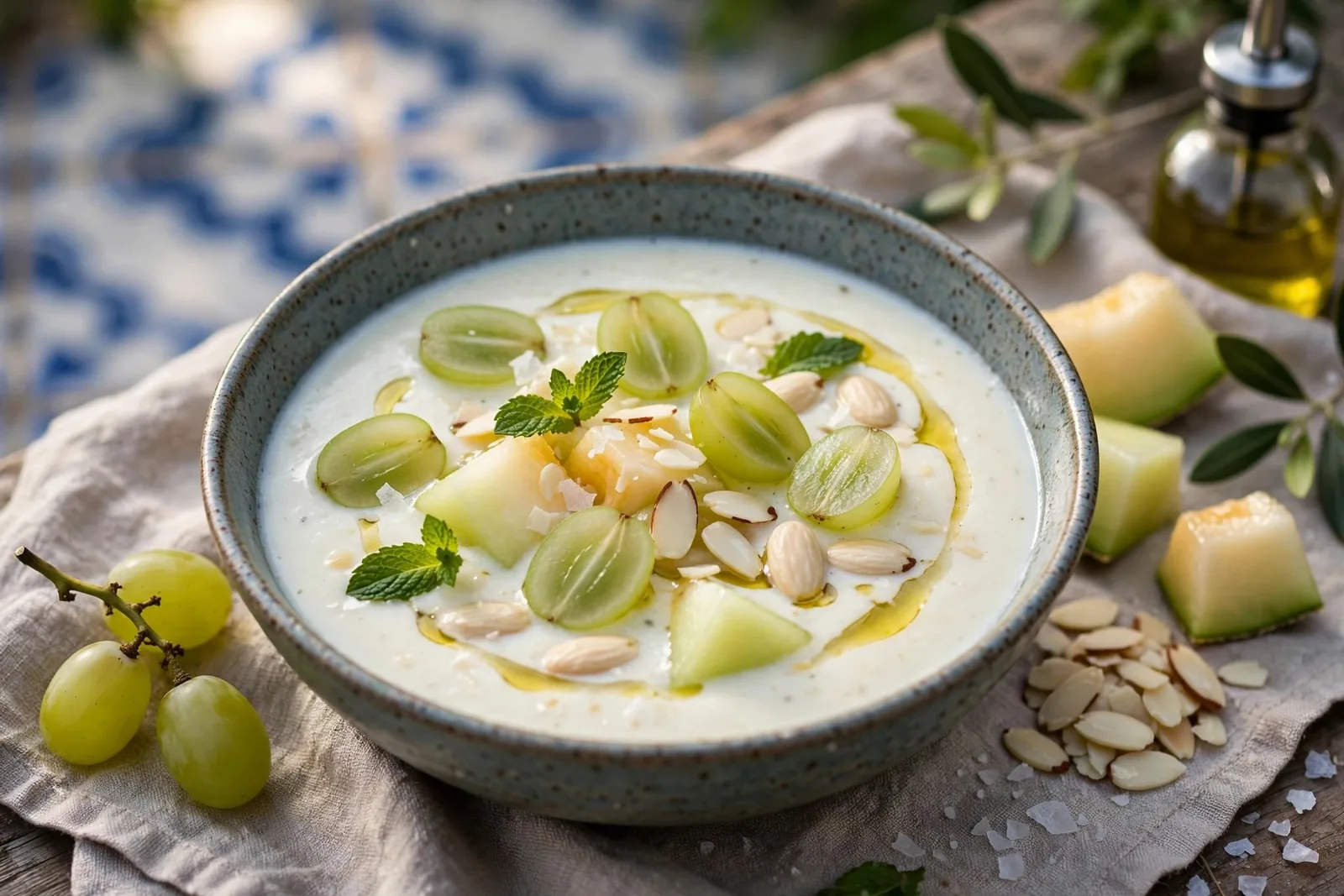 Gaspacho branco de amêndoa e melão com uvas