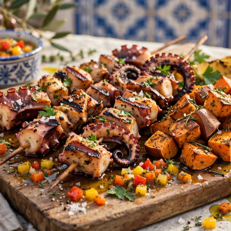 Espetadas de polvo grelhado com vinagrete de pimento e batata doce