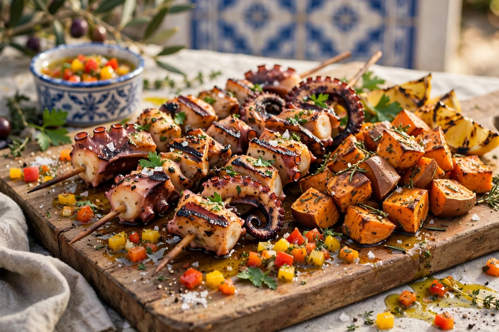 Espetadas de polvo grelhado com vinagrete de pimento e batata doce