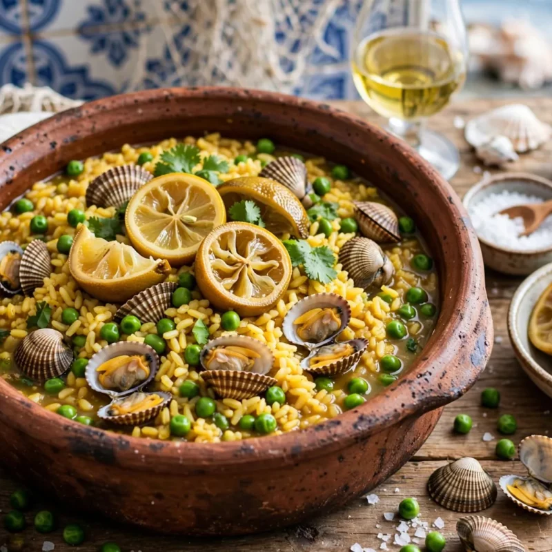 Arroz de berbigão com ervilhas e limão confitado