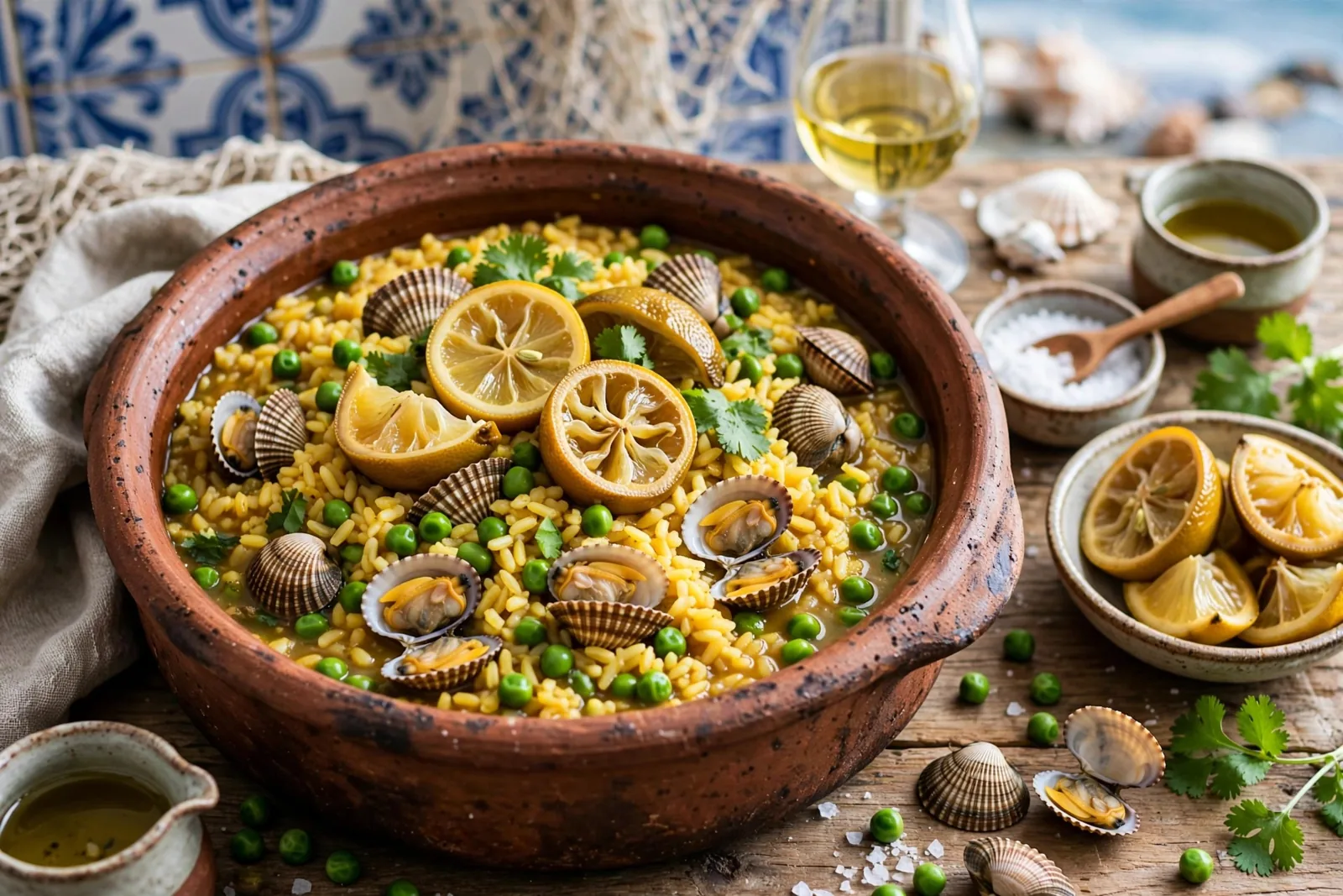 Arroz de berbigão com ervilhas e limão confitado