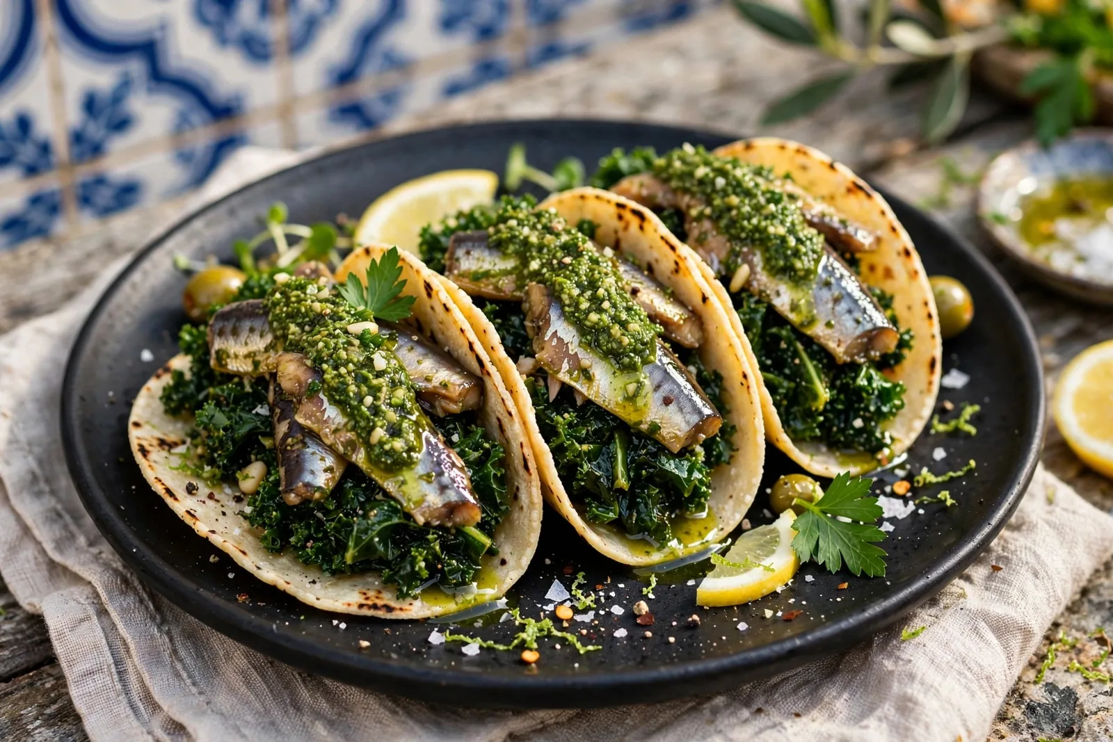Tacos de couve galega com sardinha marinada e pesto de salsa