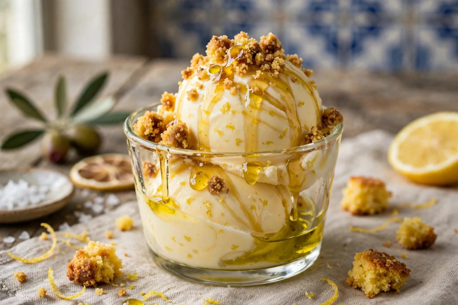 Gelado de azeite e limão com crumble de broa e mel