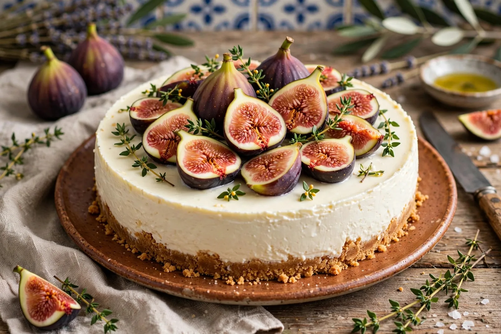 Cheesecake frio de requeijão, figo e tomilho-limão
