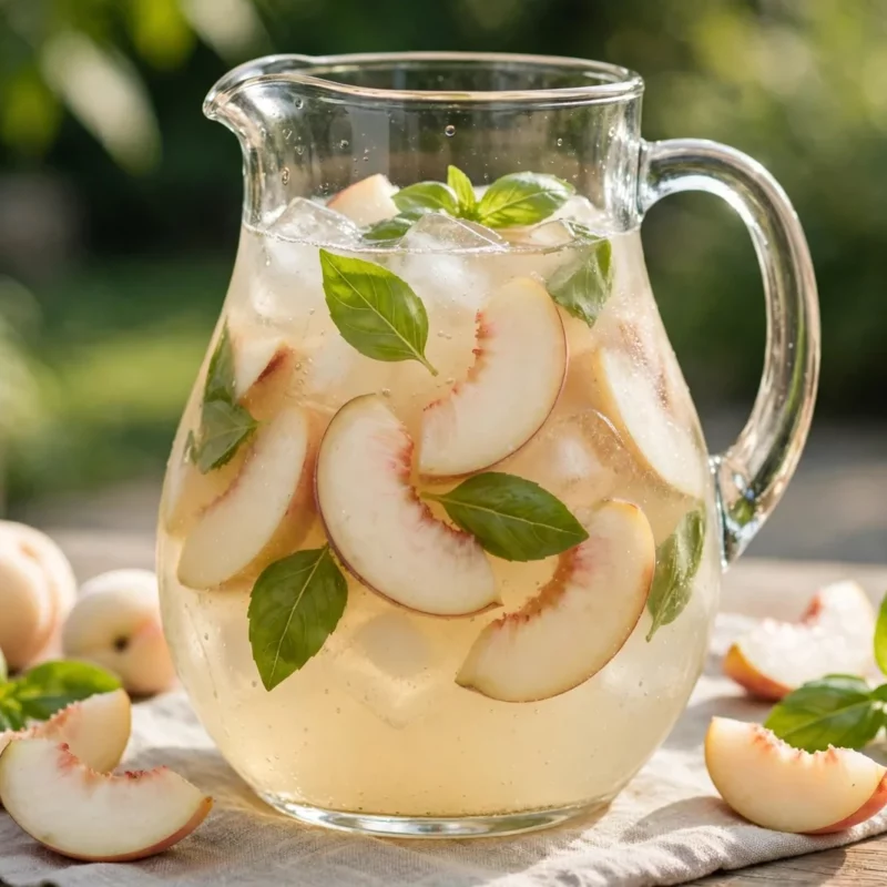 Sangria branca de vinho verde, pêssego branco e manjericão