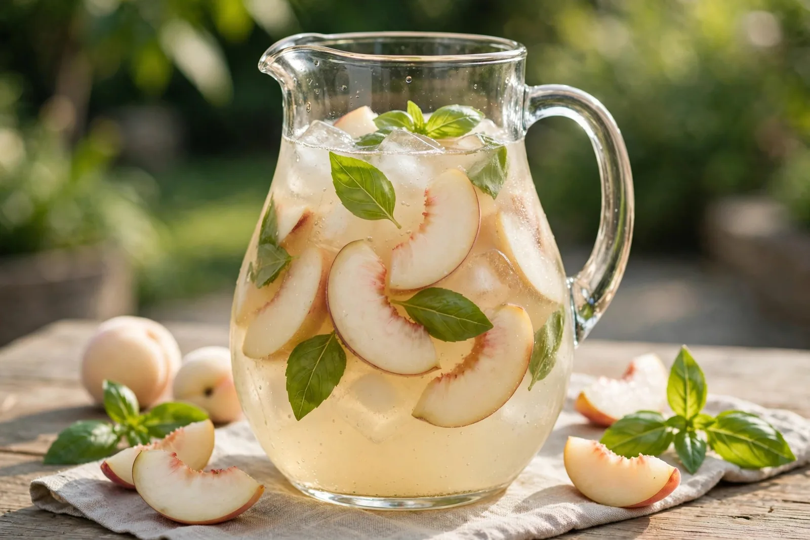 Sangria branca de vinho verde, pêssego branco e manjericão