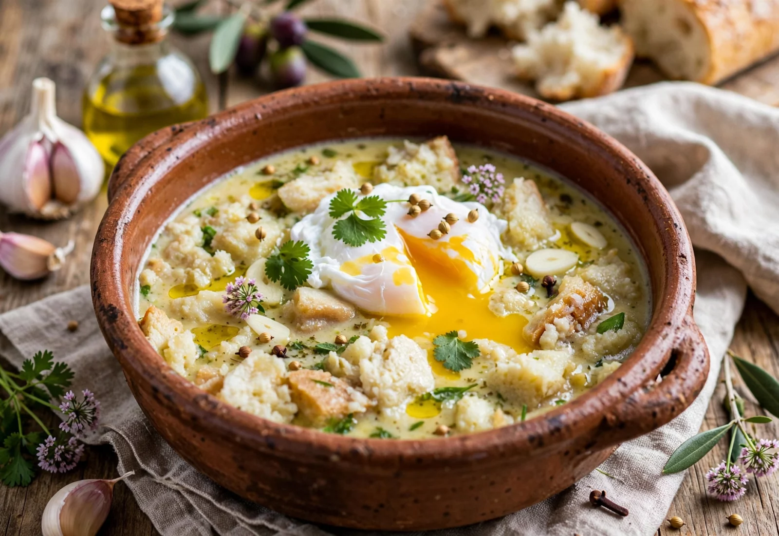 Açorda alentejana com pão, ovo escalfado, coentros e poejo numa tigela de barro
