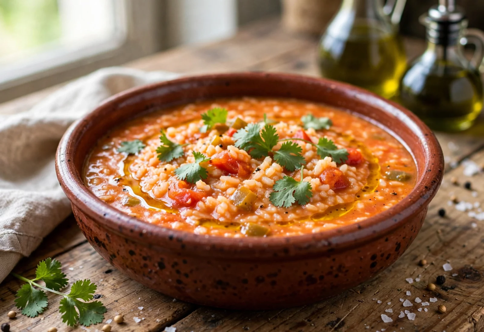 Arroz de tomate malandrinho com coentros frescos e um fio de azeite, numa tigela de barro