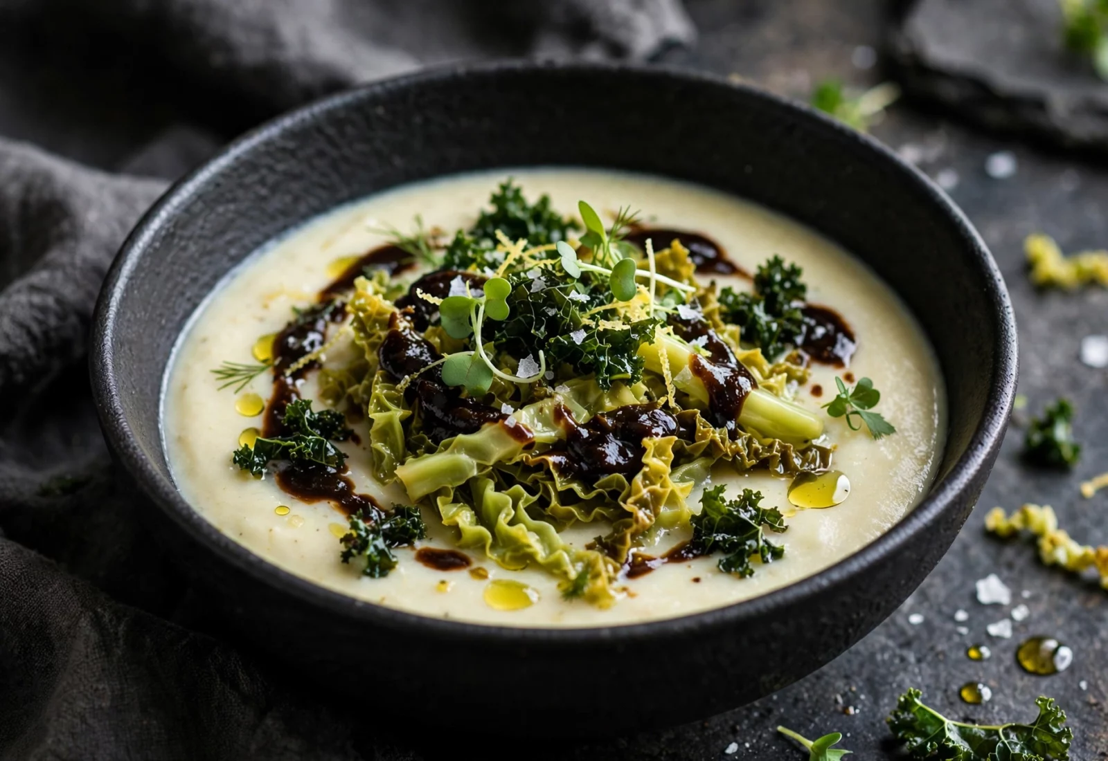 Caldo verde com couve fermentada, garum vegetal e broa de milho crocante numa tigela escura