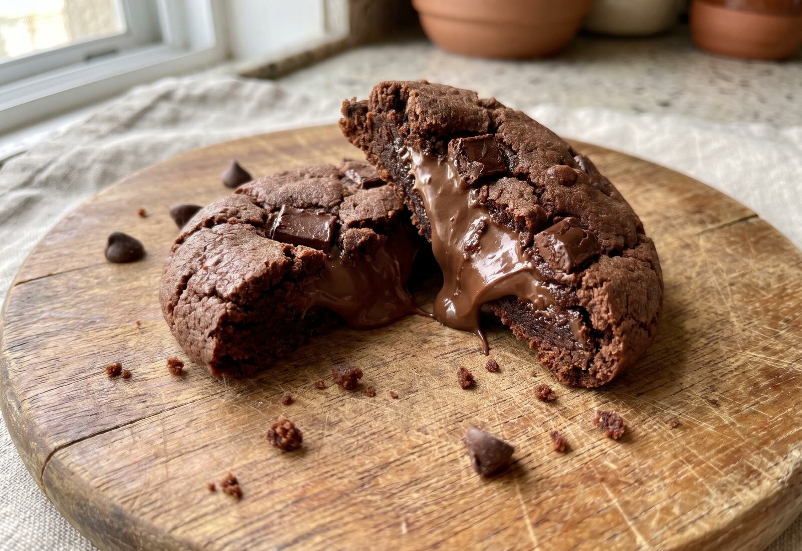 Cookie de chocolate recheado de brigadeiro, aberto ao meio, com o recheio cremoso a escorrer sobre uma tábua de madeira