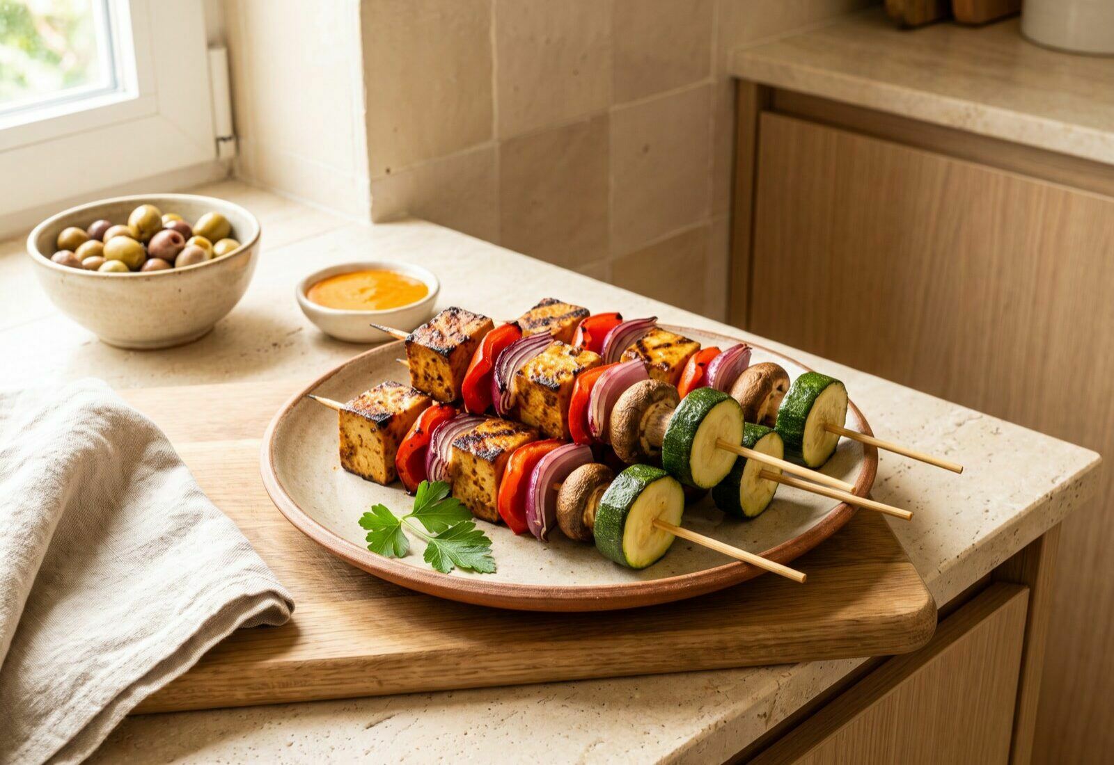 Espetadas de tofu grelhado com pimento, cebola, cogumelos e courgette num prato