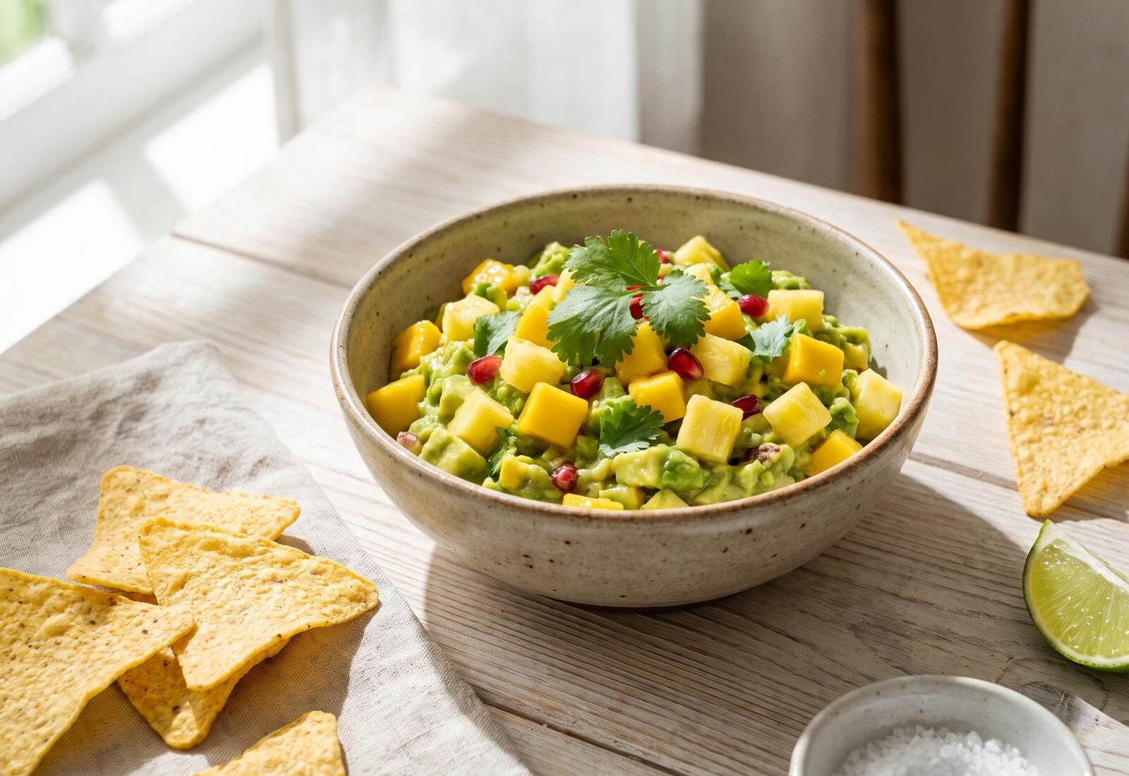 Taça de guacamole tropical com cubos de manga e ananás, coentros frescos e nachos de milho ao lado