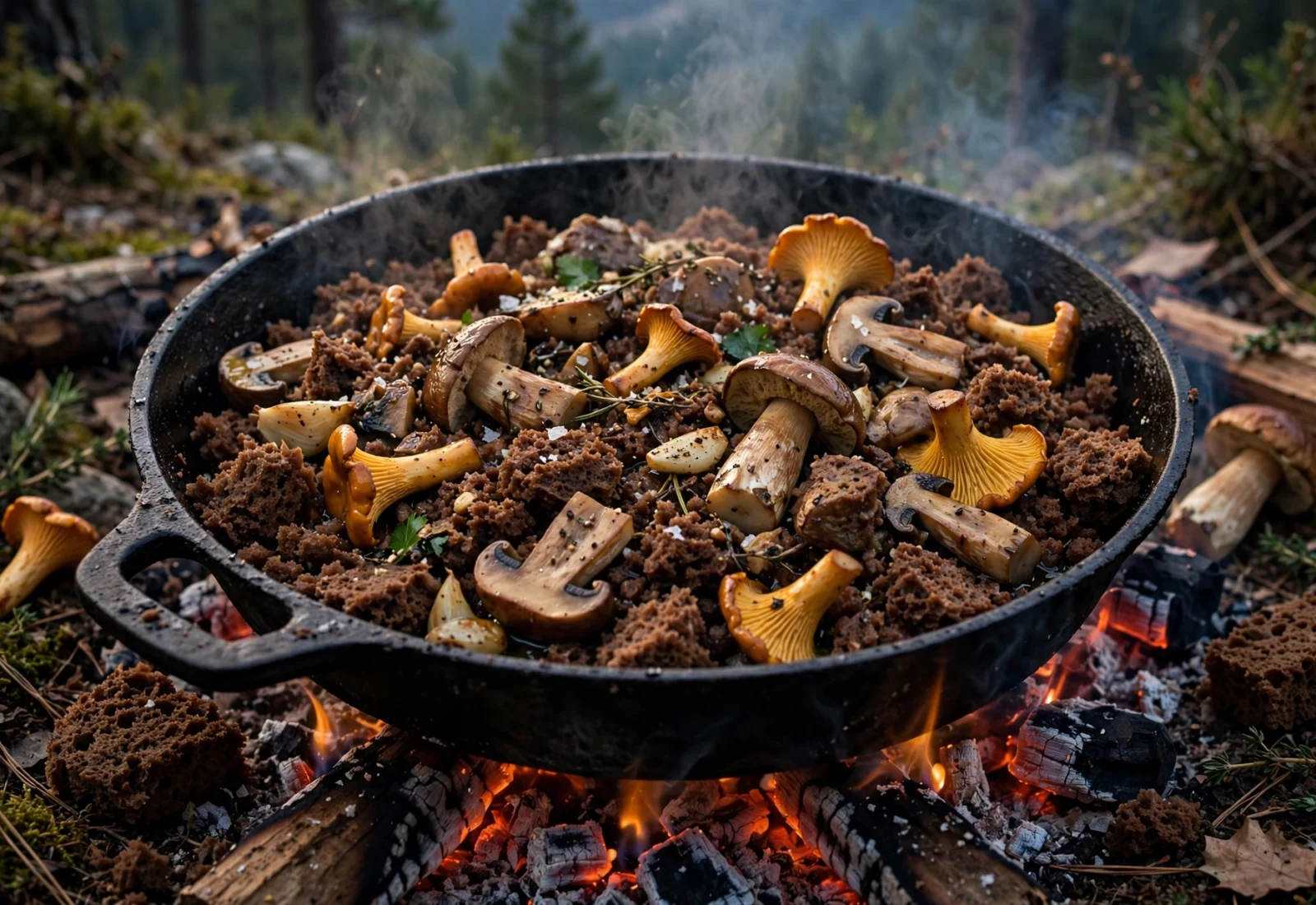 Migas de broa com cogumelos selvagens grelhados numa frigideira de ferro sobre a brasa