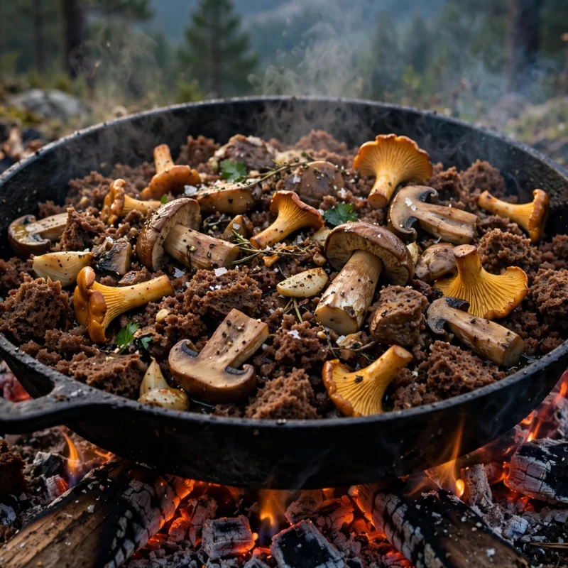 Migas de Broa com Cogumelos Selvagens no Fogo