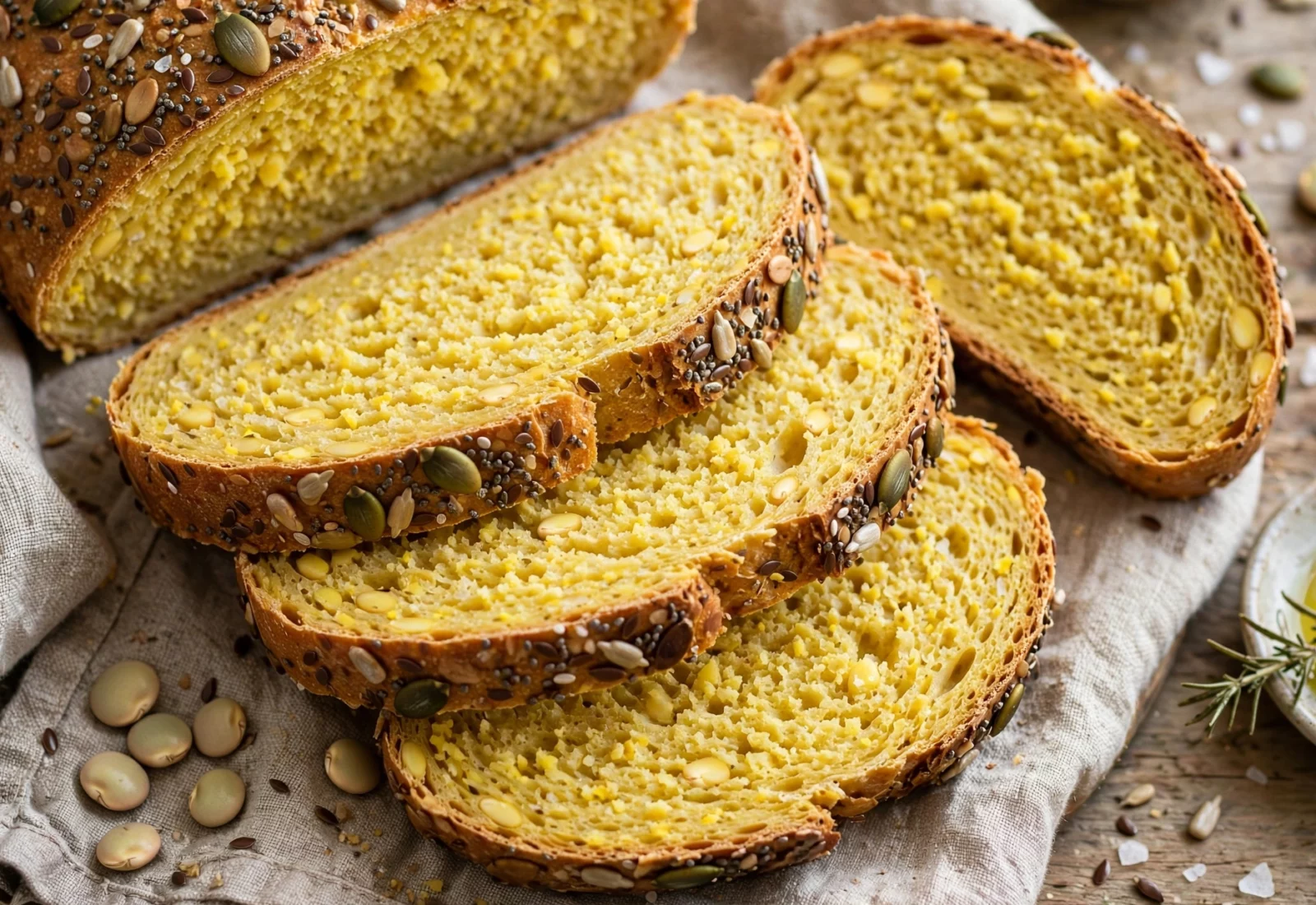 Pão de tremoço sem glúten fatiado, com crosta de sementes