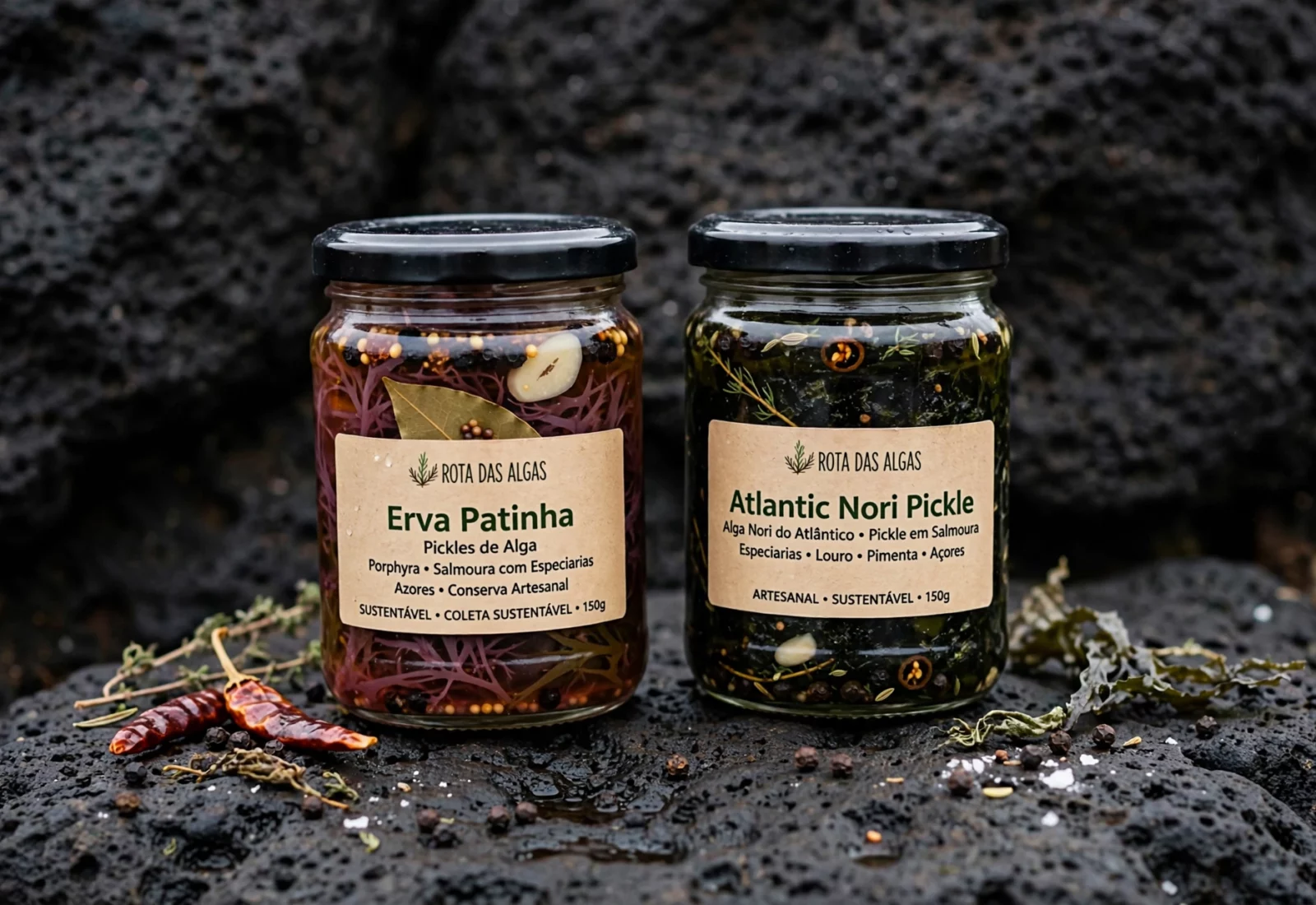 Frascos de pickle de algas dos Açores, erva patinha e nori, sobre rocha vulcânica