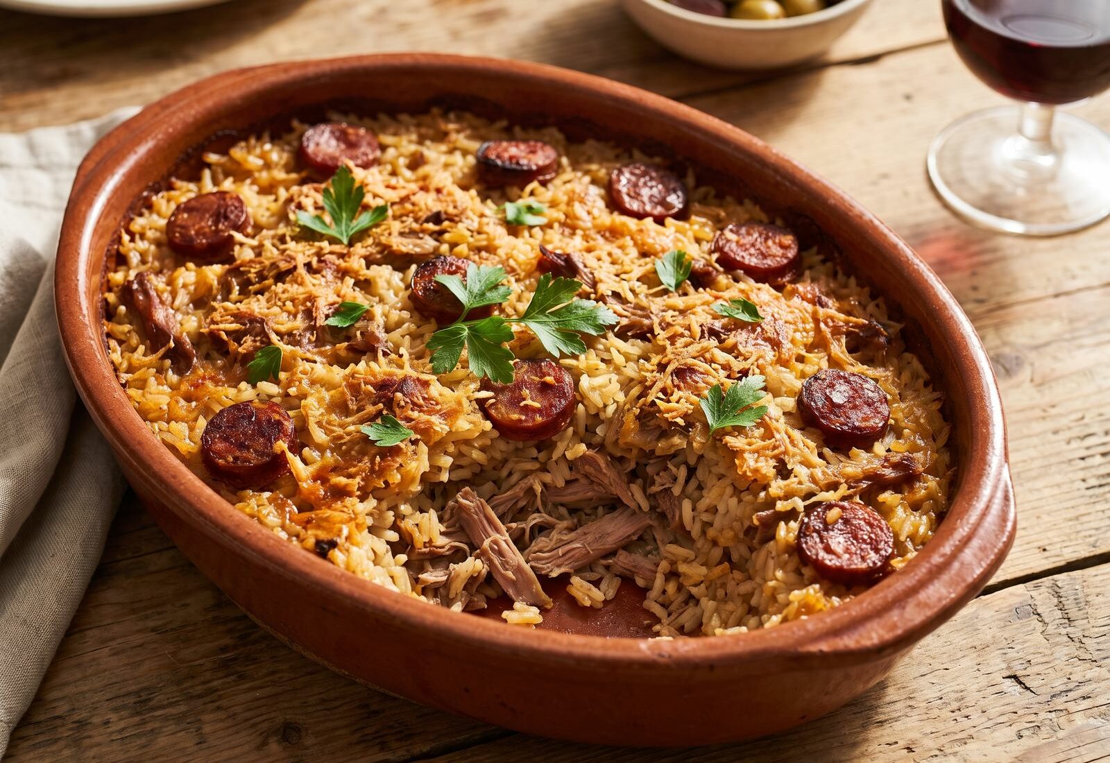 Arroz de pato no forno, com pato desfiado, chouriço e arroz gratinado
