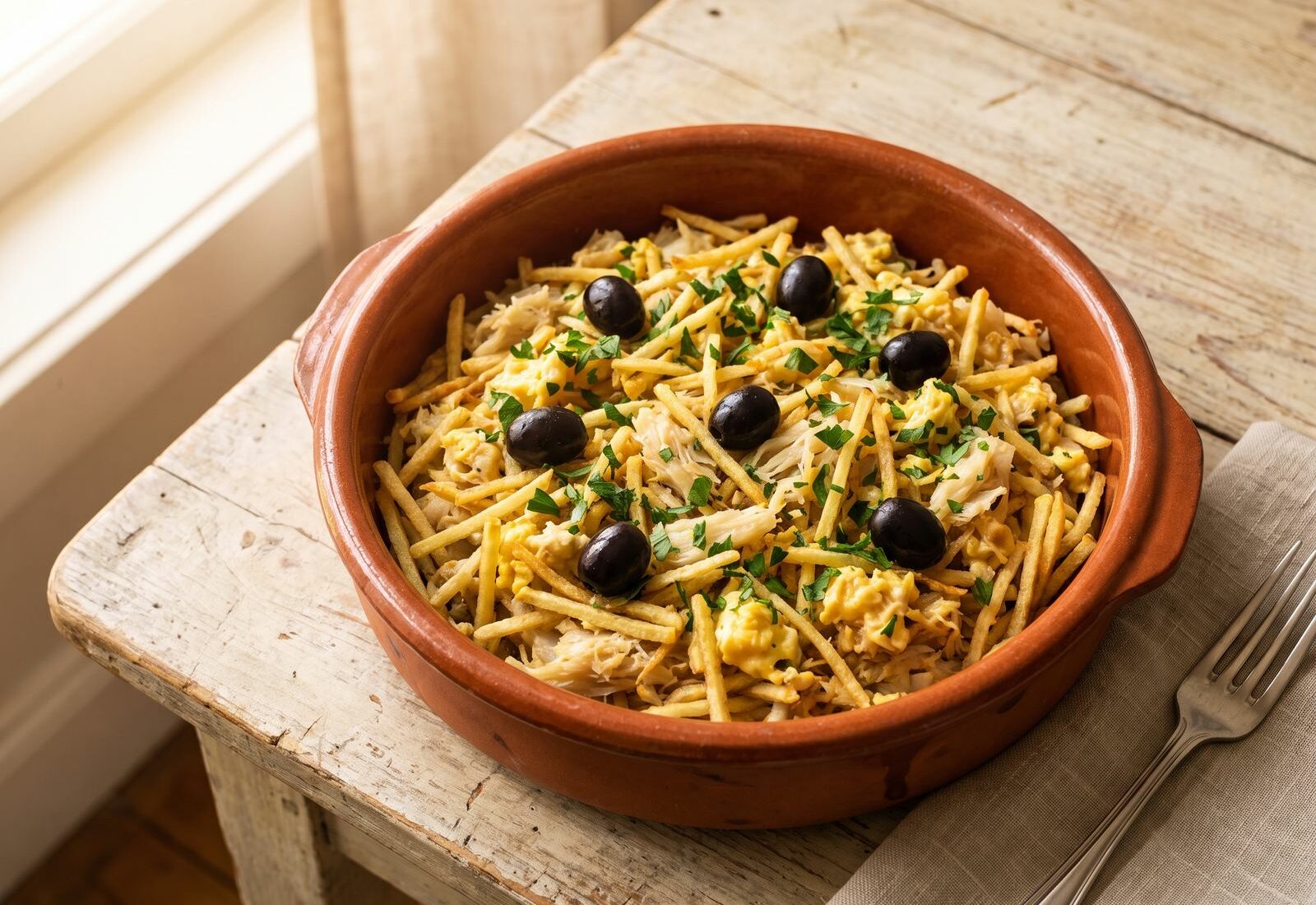 Bacalhau à Brás servido numa travessa de barro tradicional, com batata palha, ovo e azeitonas