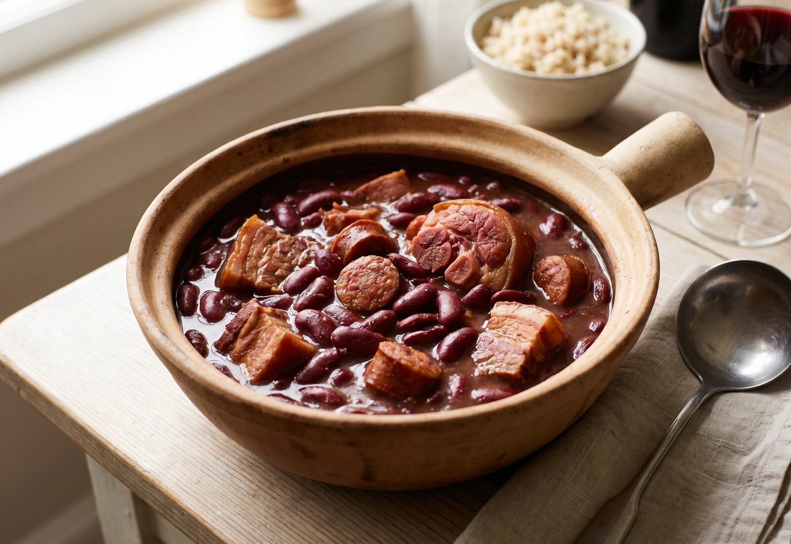 Feijoada à transmontana com feijão vermelho, enchidos e carnes fumadas, servida em tacho de barro