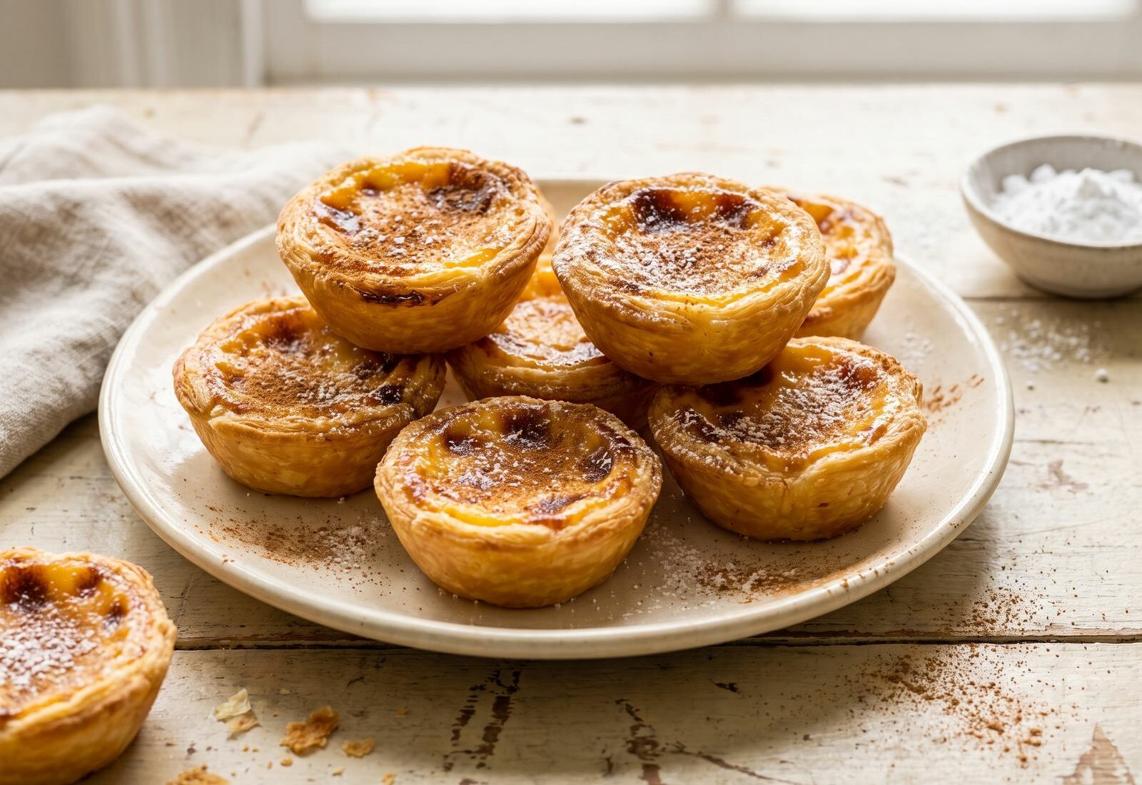 Pastéis de nata com massa folhada dourada e topo caramelizado, polvilhados com canela