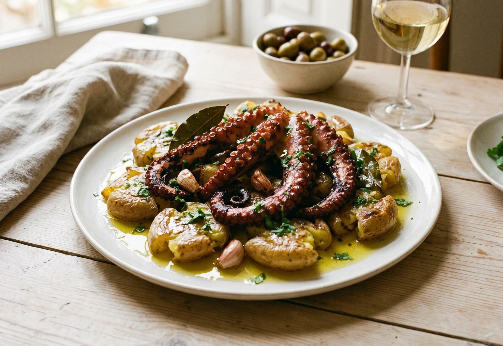 Polvo à lagareiro grelhado, com batatas a murro e azeite, receita tradicional portuguesa