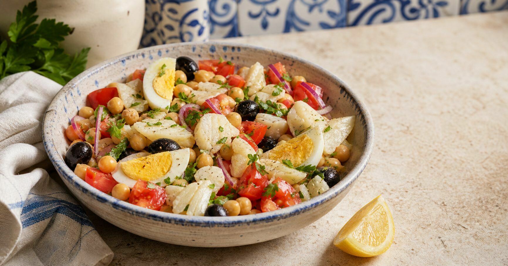 Salada portuguesa de grão com lascas de bacalhau, tomate, ovo e azeitonas