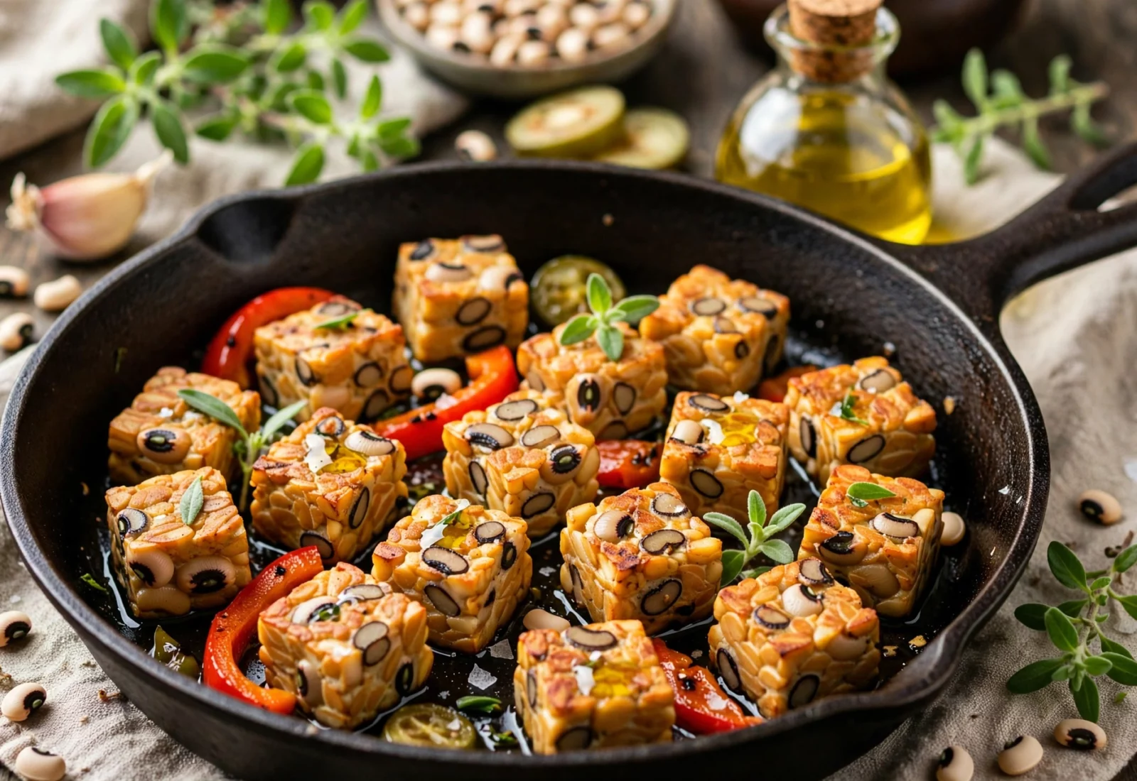 Cubos de tempeh caseiro de feijão fradinho grelhados numa frigideira de ferro com pimento