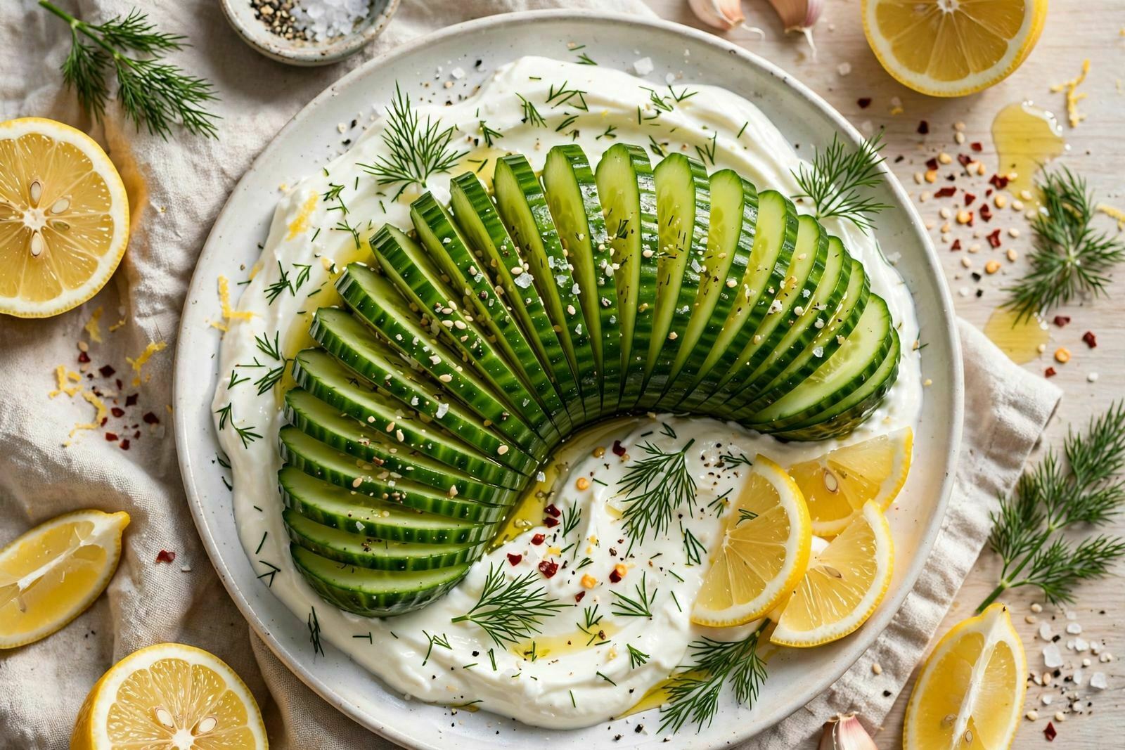 Accordion Cucumber Salad com Iogurte Grego e Endro