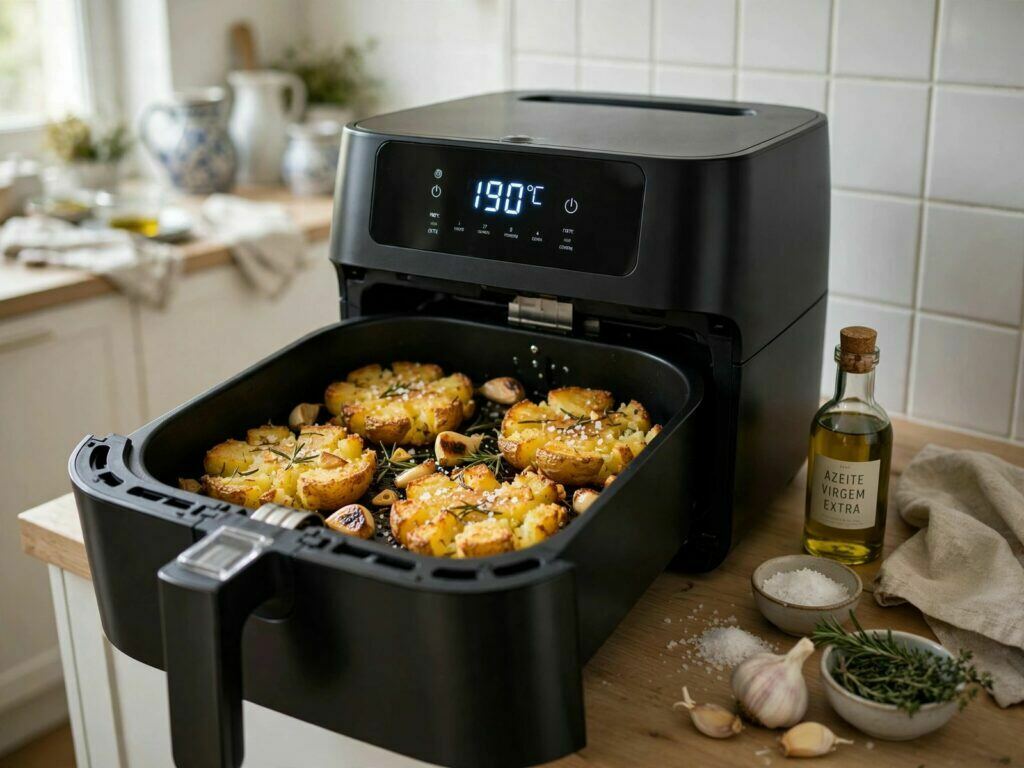 Batatas a murro douradas e estaladiças saídas da airfryer