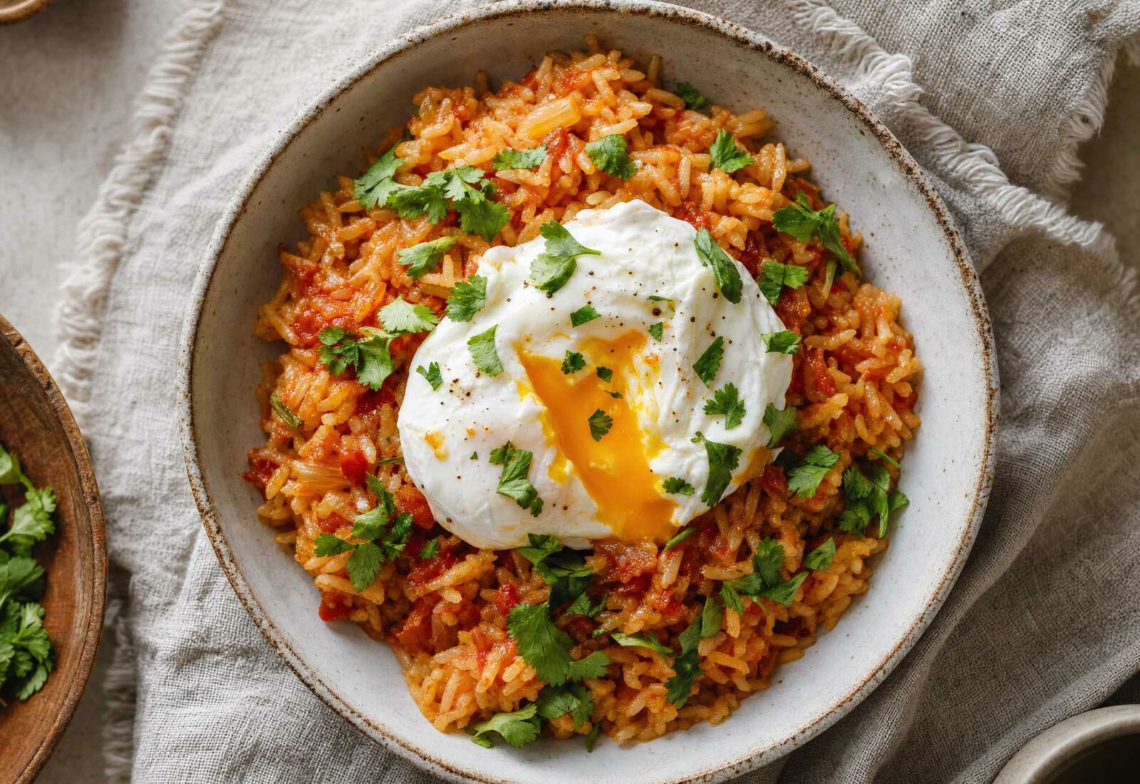 Arroz de tomate com um ovo escalfado e coentros frescos numa taça de barro