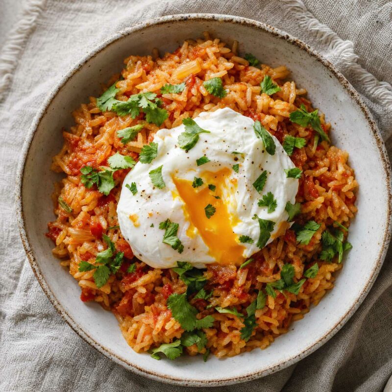 Arroz de tomate com ovo escalfado e coentros frescos