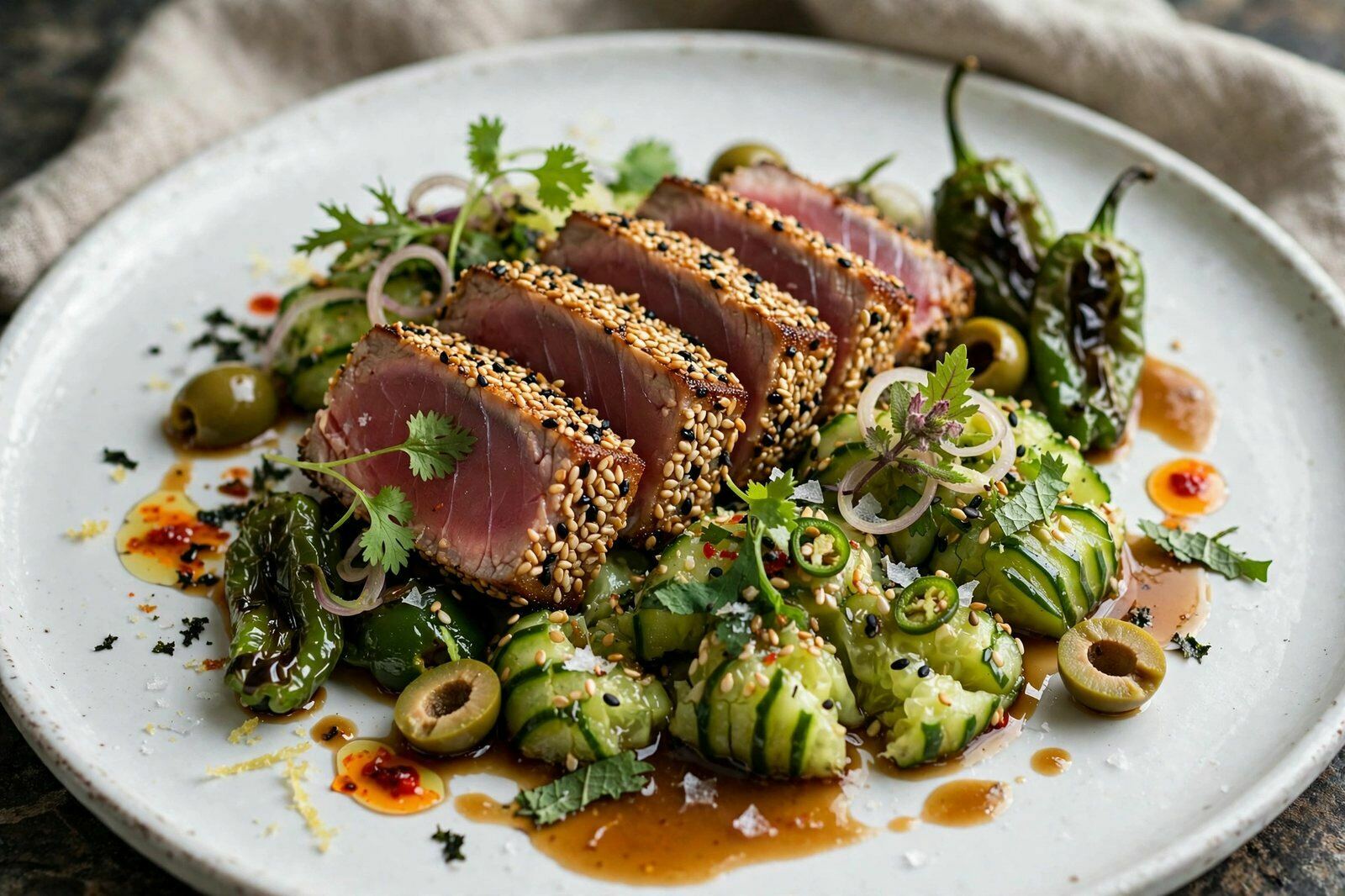 Atum Selado com Crosta de Sésamo, Pepino Esmagado e Ponzu