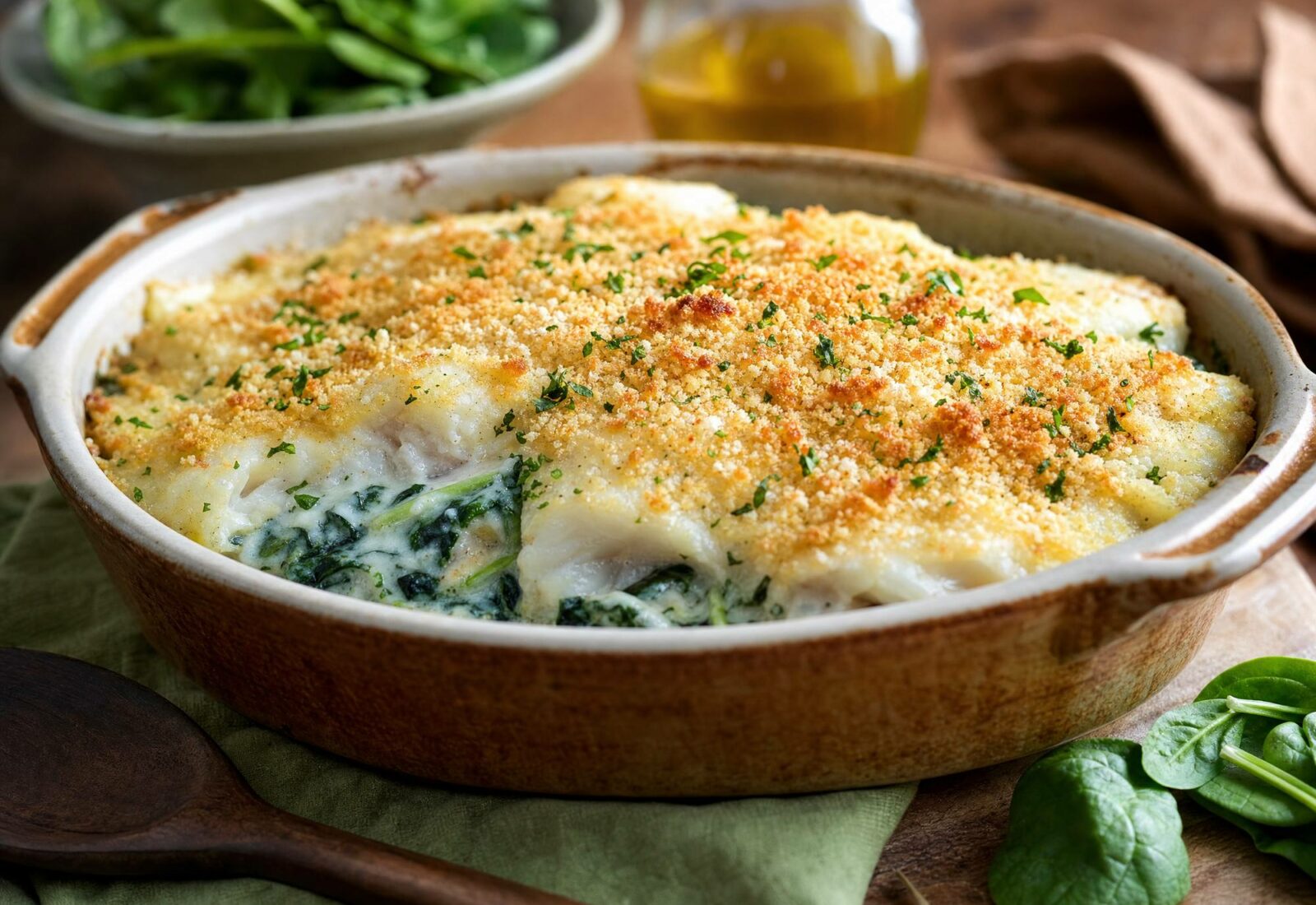 Bacalhau assado no forno com espinafres e um creme de iogurte natural