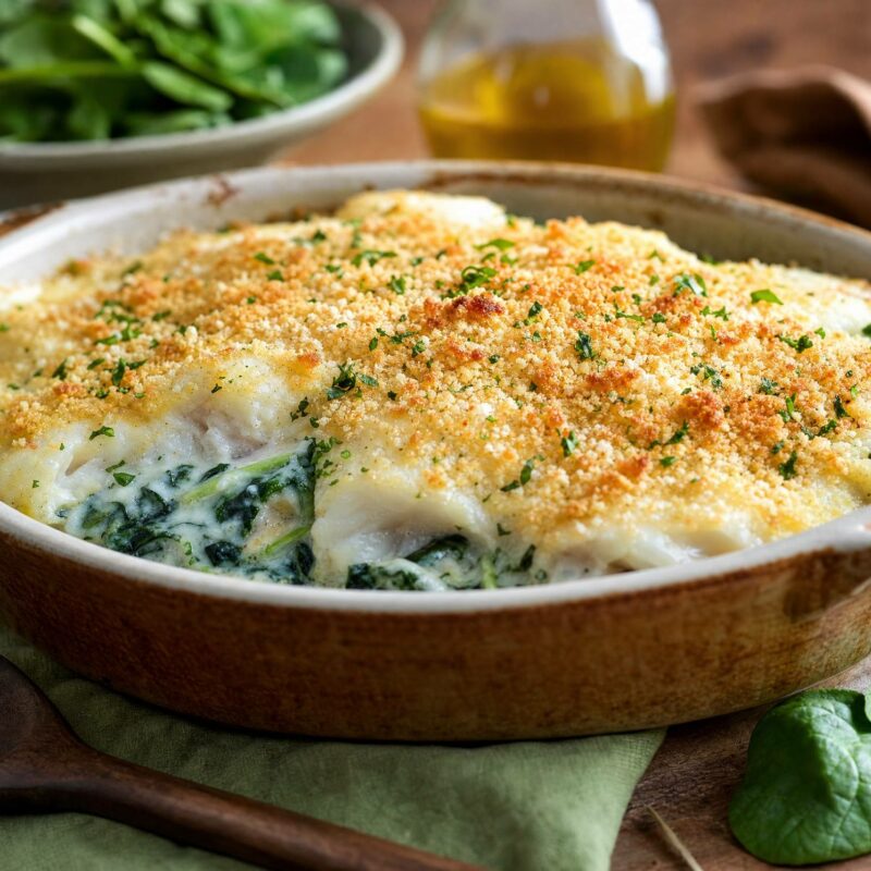 Bacalhau no forno com espinafres e iogurte natural
