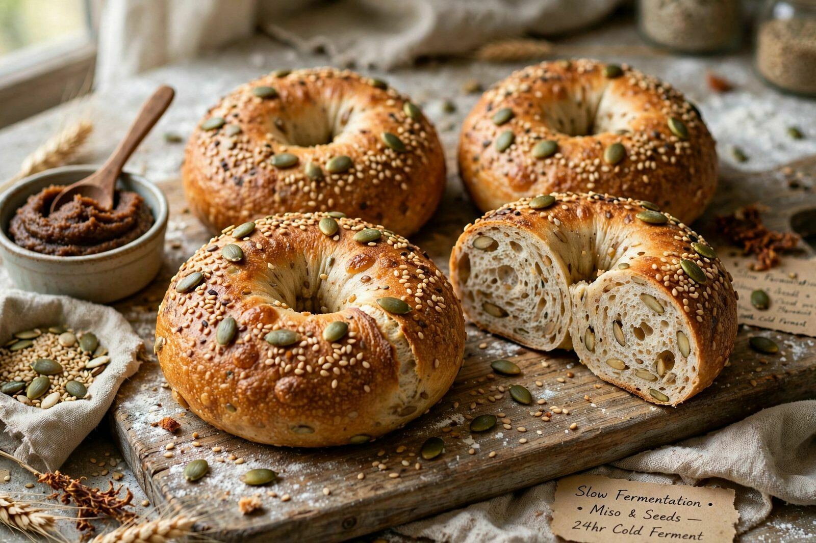 Bagel de Fermentação Lenta com Miso e Sementes