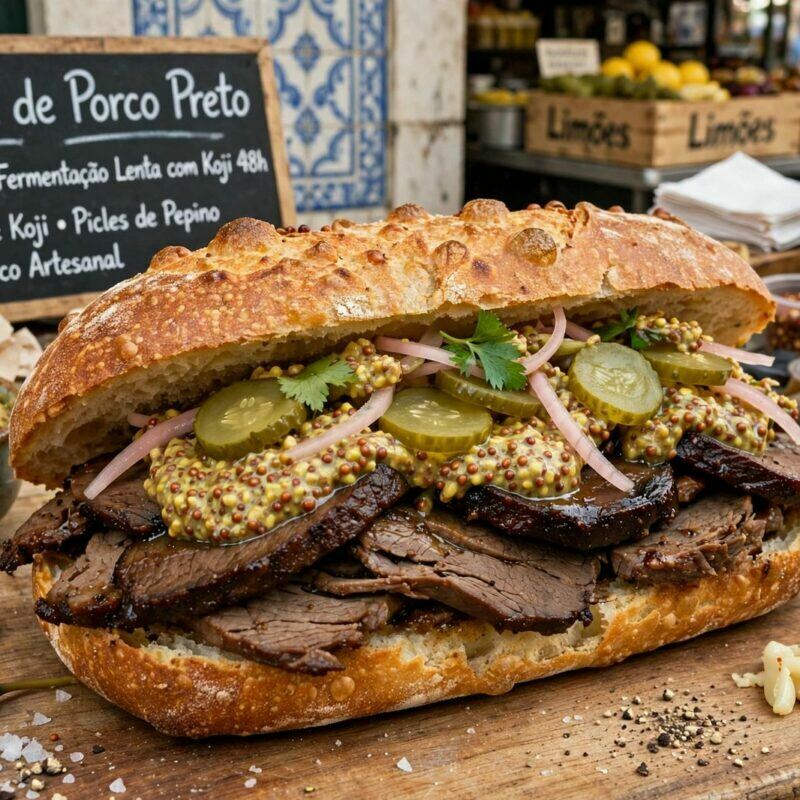 Bifana de Porco Preto de Fermentação Lenta com Mostarda Koji e Pickles
