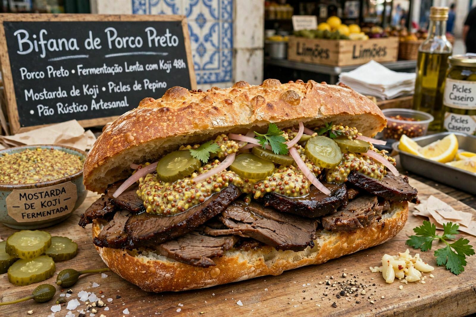 Bifana de Porco Preto de Fermentação Lenta com Mostarda Koji e Pickles