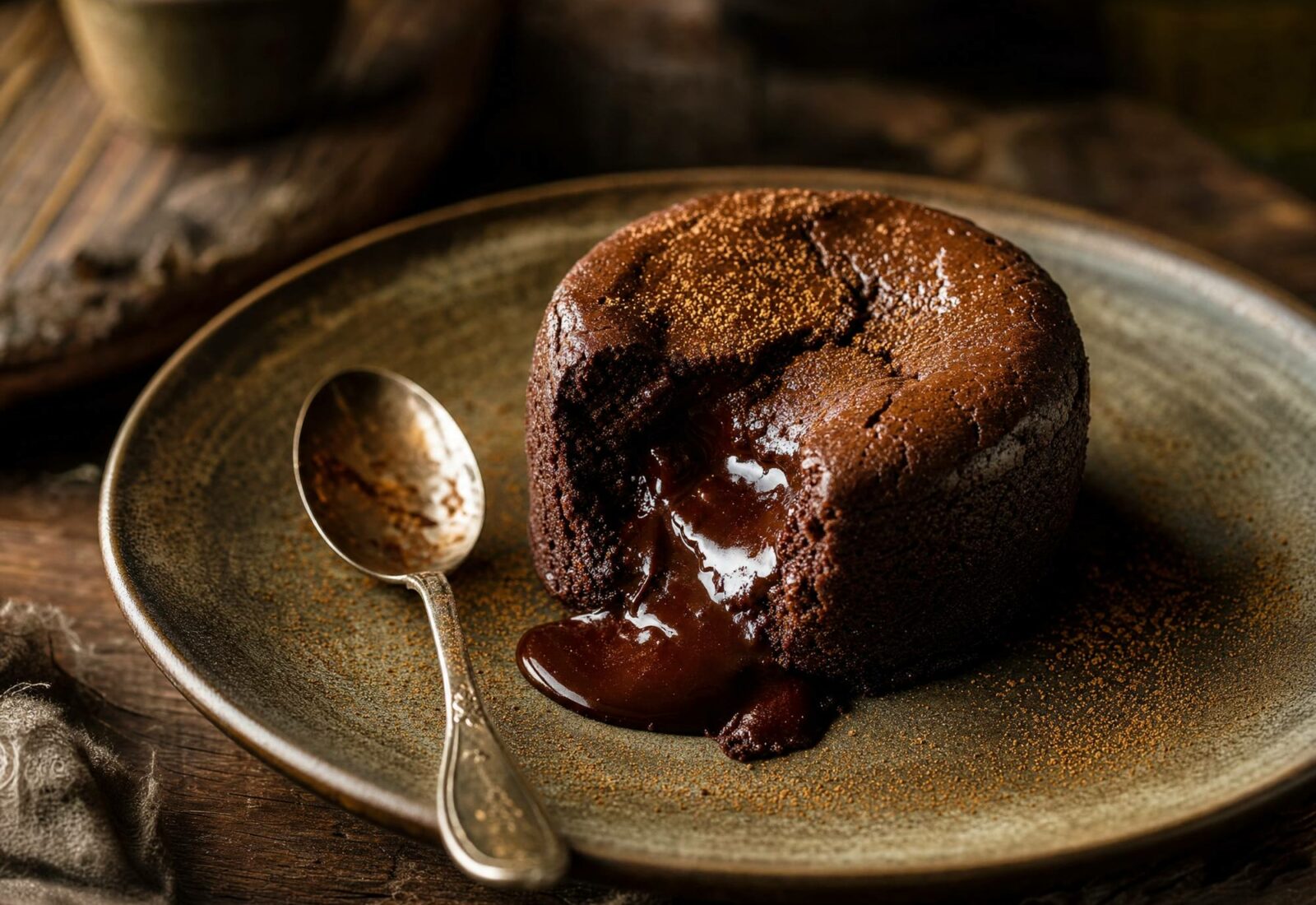 Bolo de chocolate quente com o centro derretido a esvair-se sobre um prato