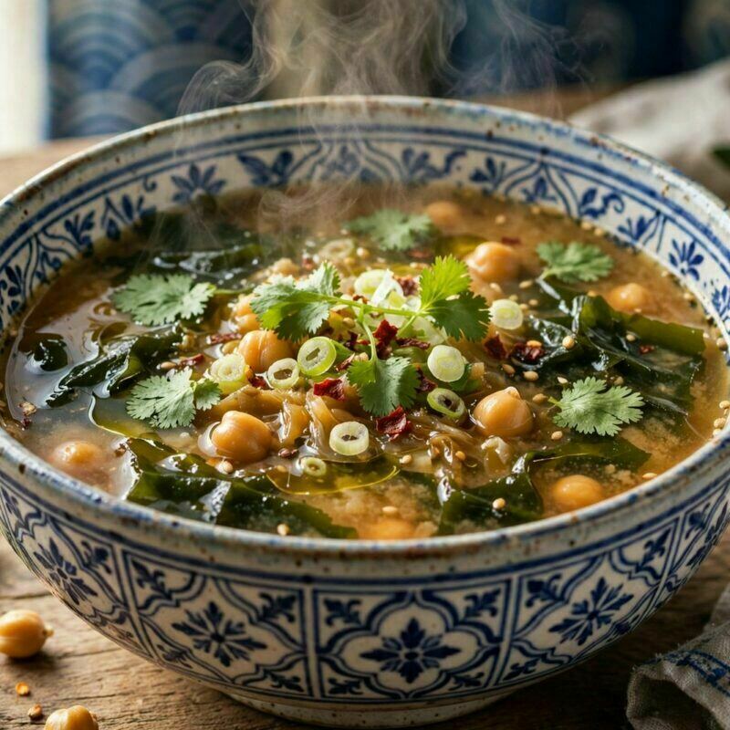 Caldo de Miso com Algas Wakame, Grão e Coentros