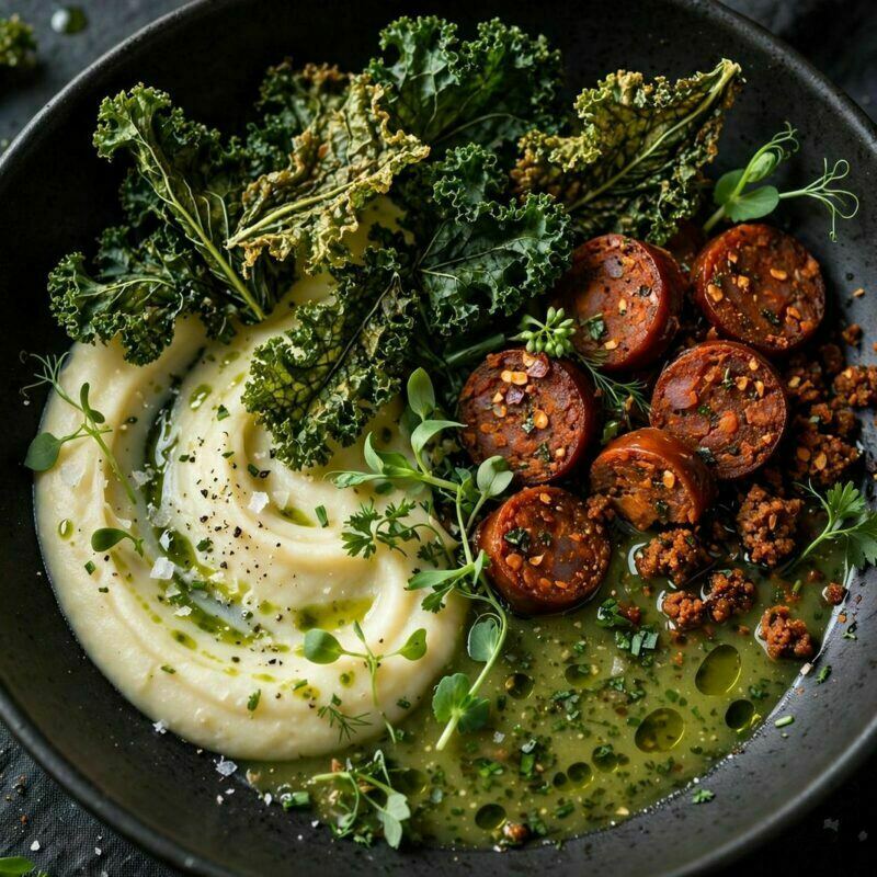 Caldo Verde Desconstruído com Kale Crocante e Chouriço Vegetal