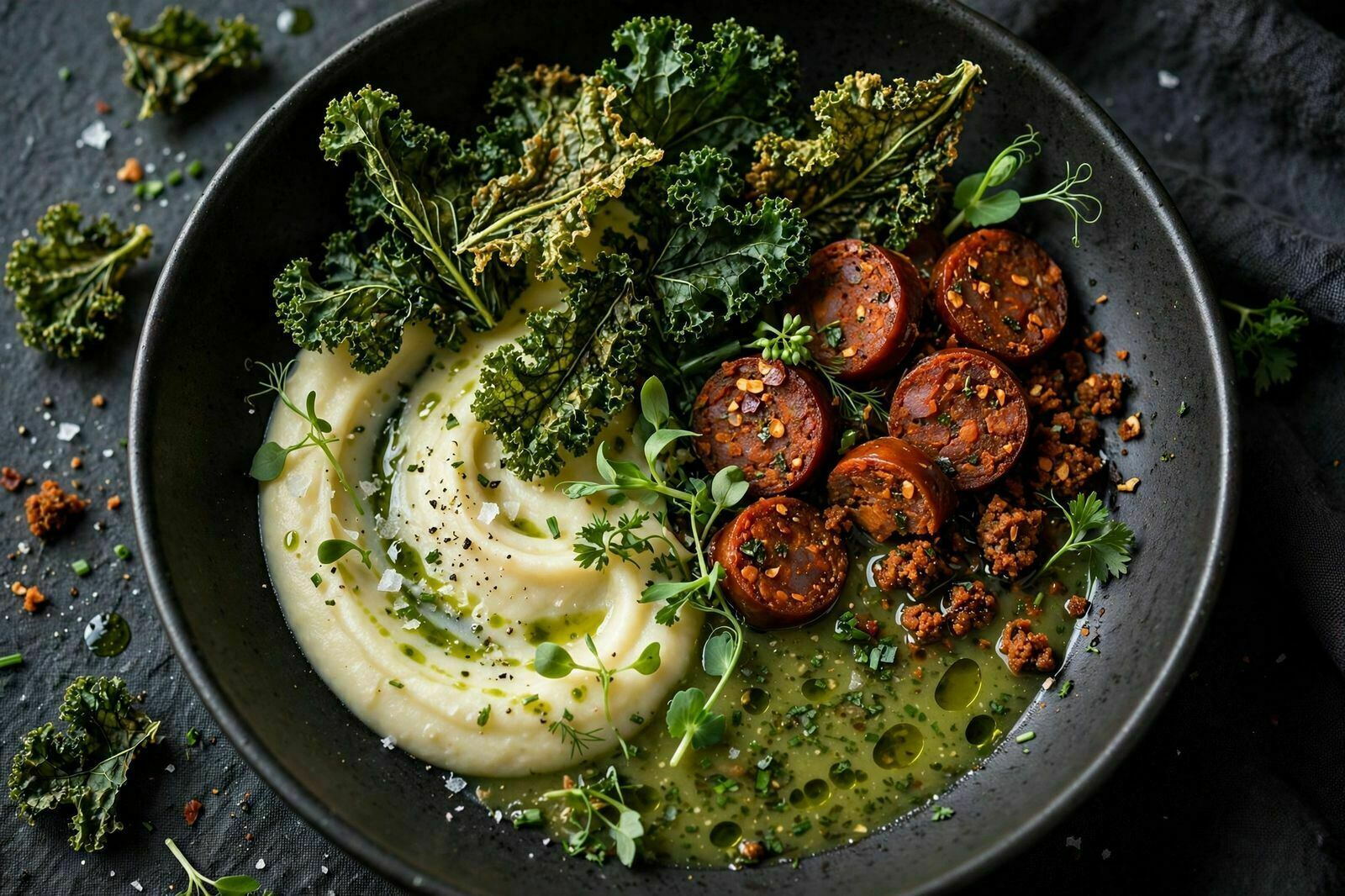 Caldo Verde Desconstruído com Kale Crocante e Chouriço Vegetal