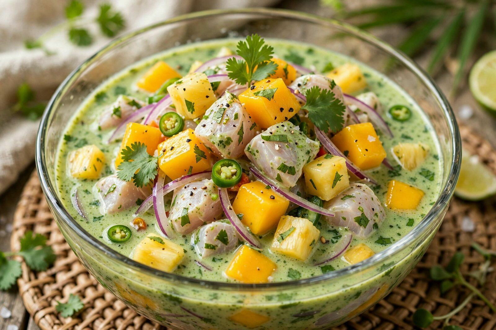 Ceviche Tropical de Robalo com Manga, Abacaxi e Leite de Tigre de Coentros