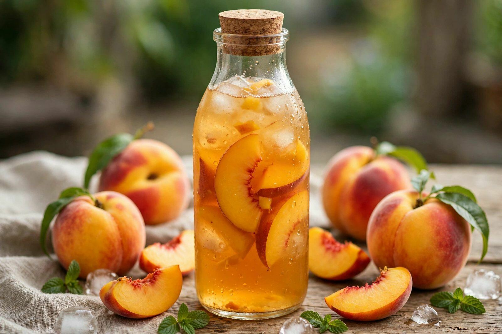 Garrafa de chá frio de pêssego caseiro com fatias de fruta
