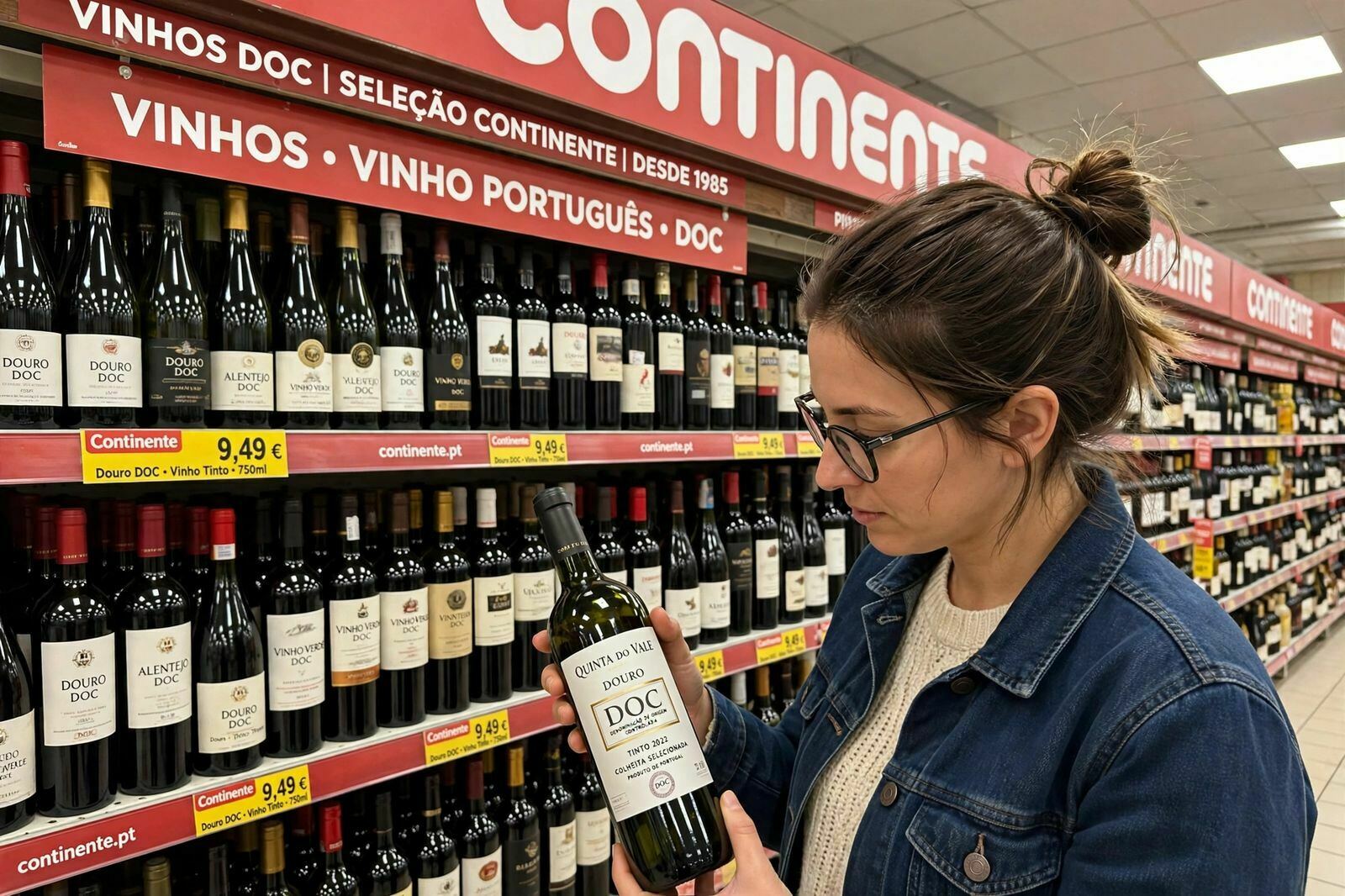 Corredor de vinhos num supermercado português com dezenas de garrafas